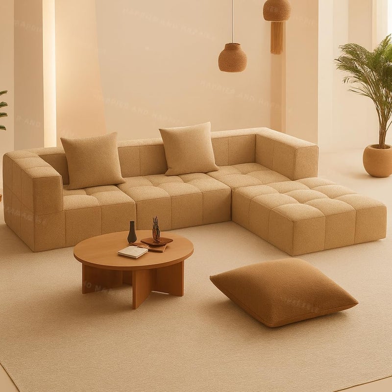 Pixa Homes Luxury Modern L-Shaped Sectional Sofa Set with Ottoman - Light Brown, 3 Seater - Image 1